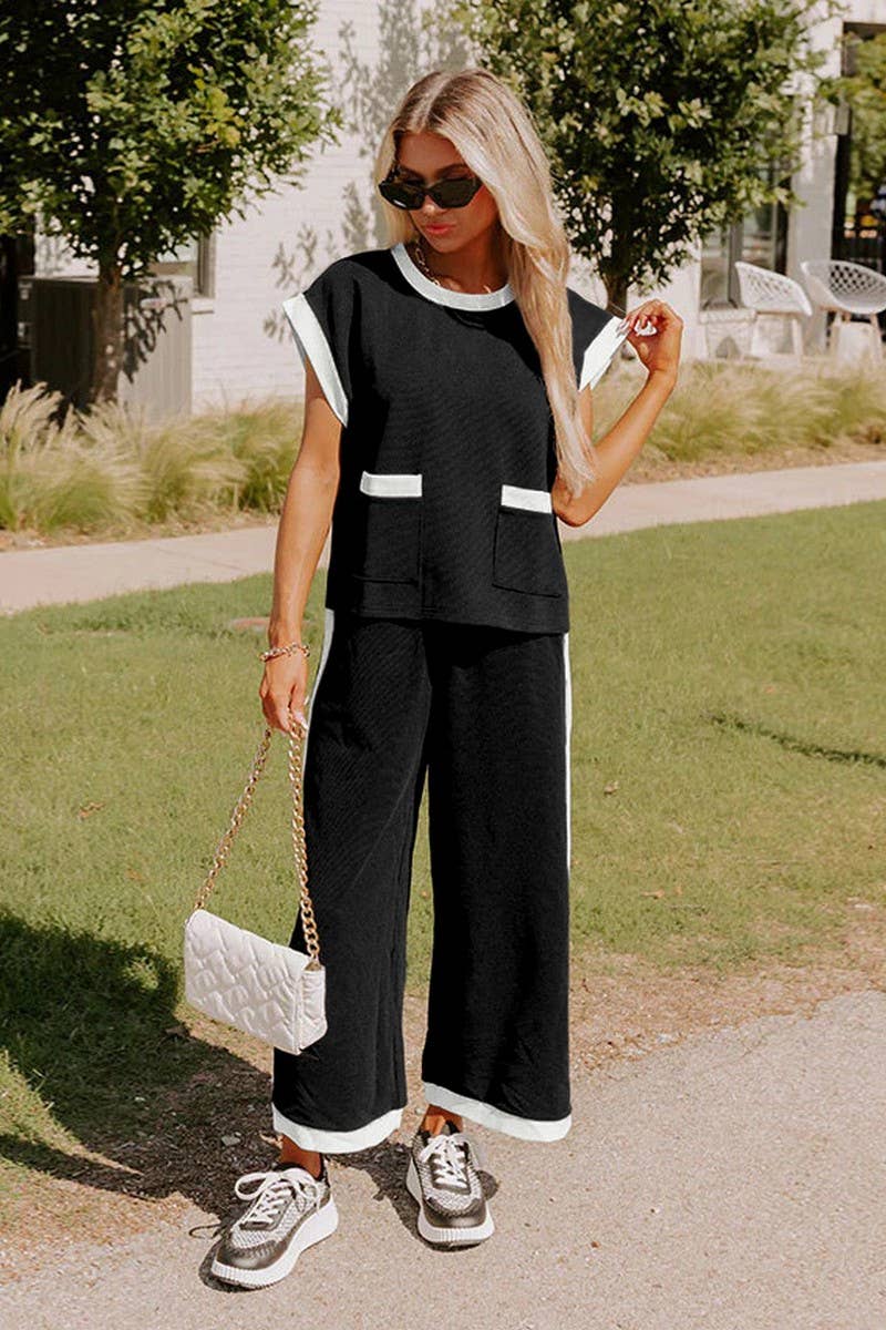 CWSTB1672_CONTRAST COLOR CREW NECK STRAIGHT PANTS SUIT