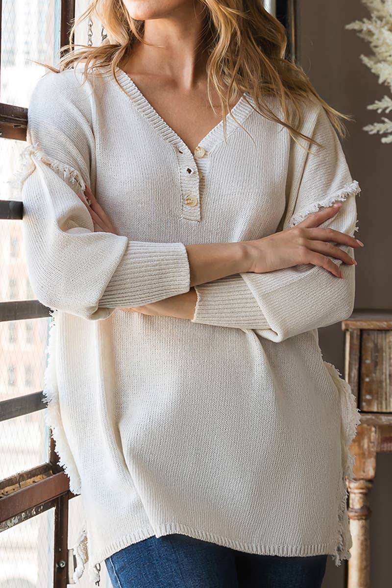 CWOSWL646-P_BUTTON DOWN FRINGE SHOULDER SWEATER KNIT TOP