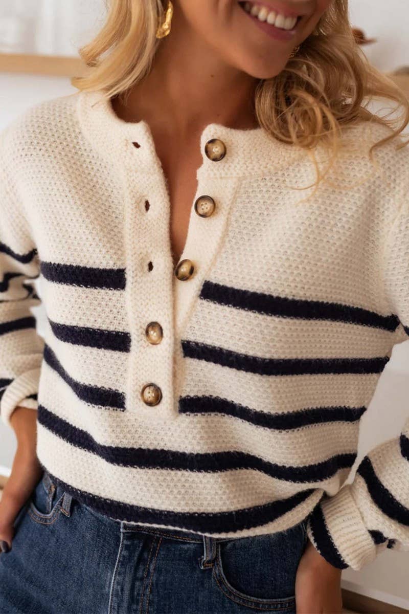 CWOSWL6961_STRIPED PULLOVER BUTTON-DOWN KNITTED SWEATER