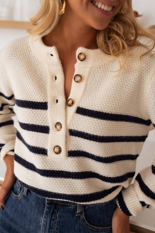 CWOSWL6961_STRIPED PULLOVER BUTTON-DOWN KNITTED SWEATER