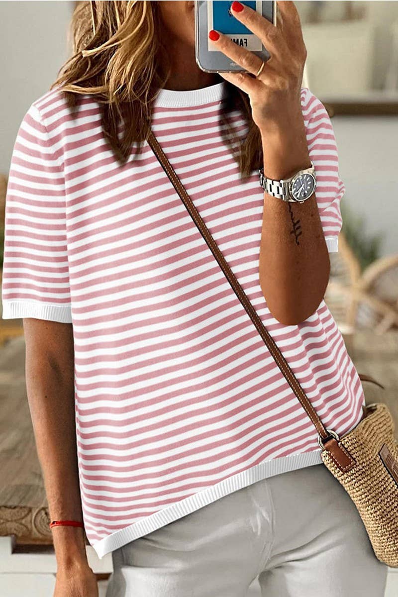 CWOSWS0125_CREW NECK STRIPED CONTRAST SHORT SLEEVE KNIT TOP