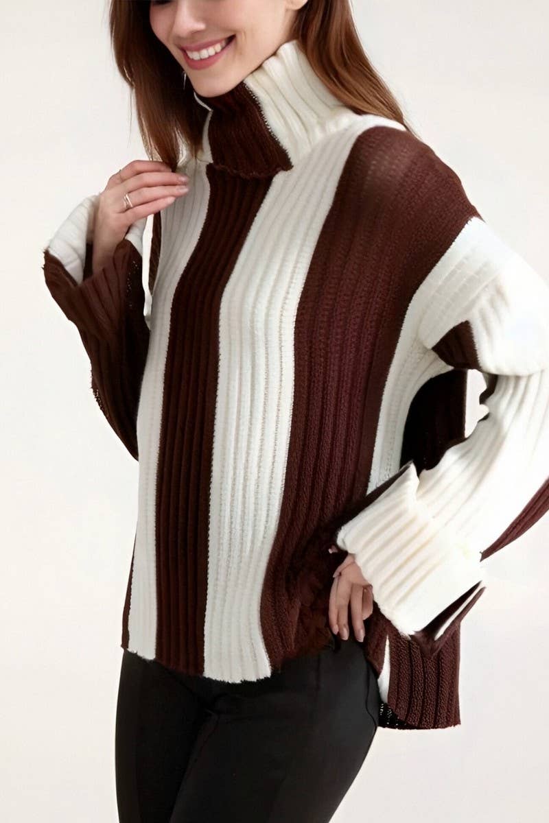 CWOSWL6947_STRIPED KNIT PATCHWORK TURTLENECK SWEATER