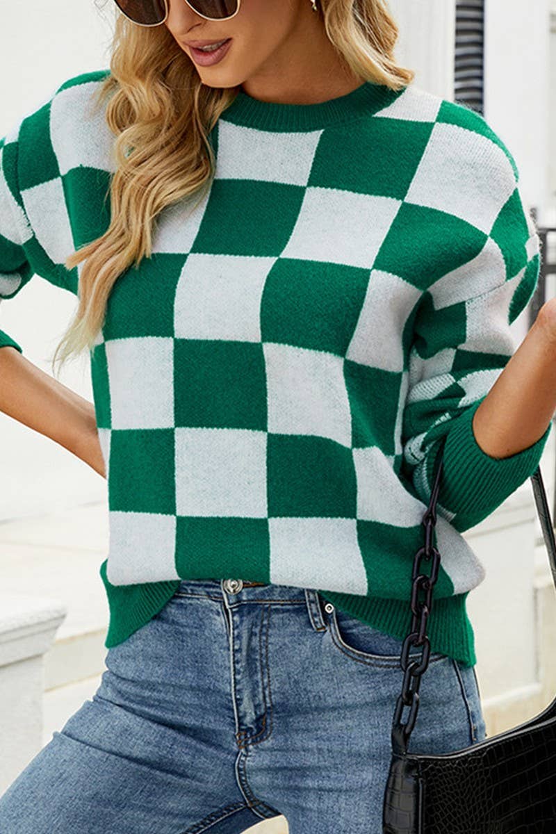 CWOSWL2943_CREW NECK COLORBLOCK CHECK KNIT SWEATER