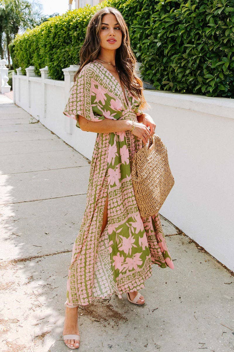 CWDMD1606_DEEP V-NECK BAT SLEEVE PRINTED MAXI DRESS