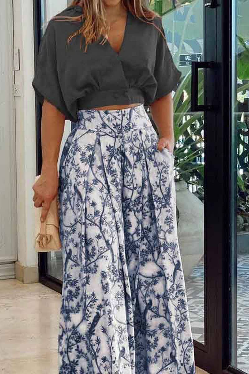 CWSS1249_V-NECK FASHIONABLE PRINTED WIDE-LEG PANTS SUIT