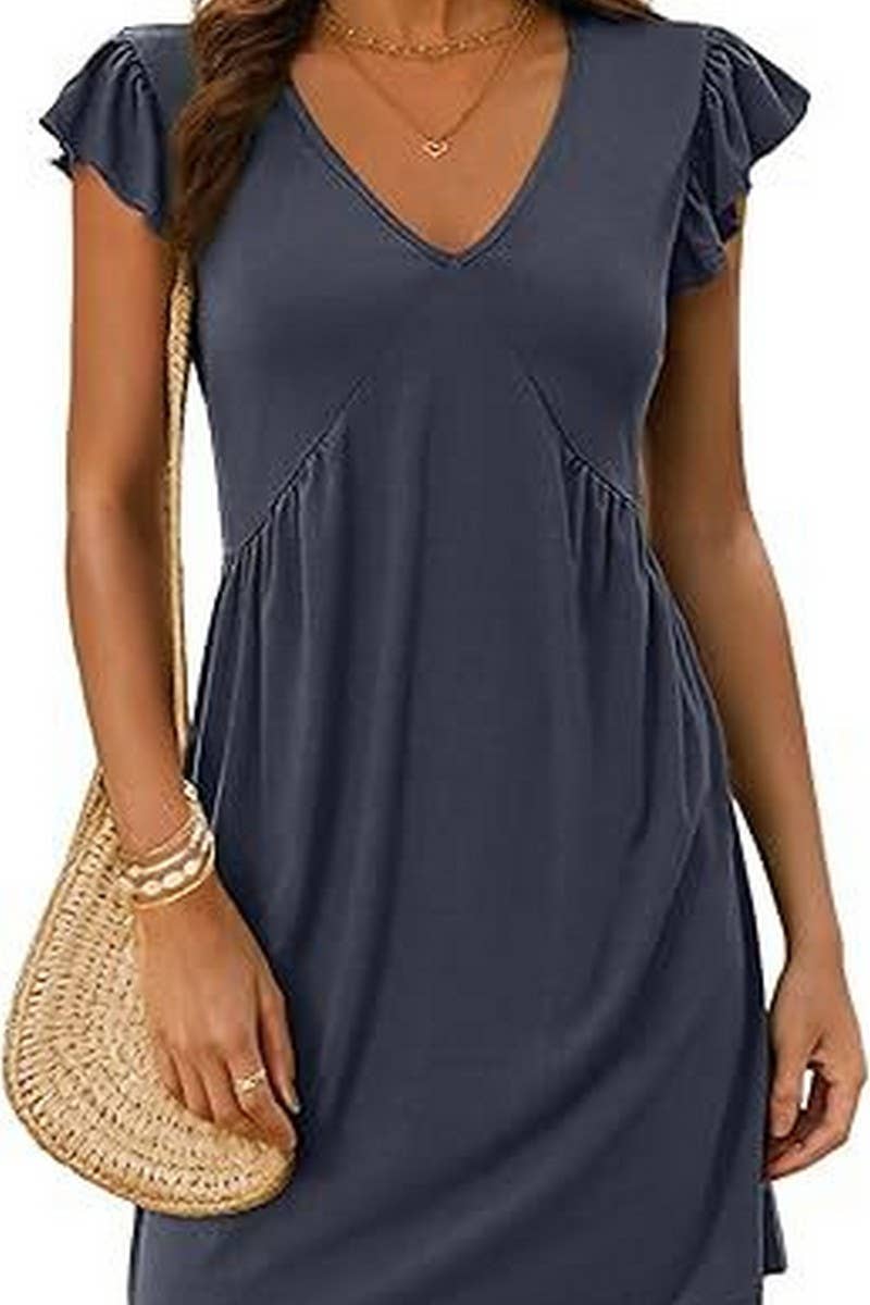 CWDSD8807_V-NECK FLYING SLEEVES PLEATED MINI TANK DRESS
