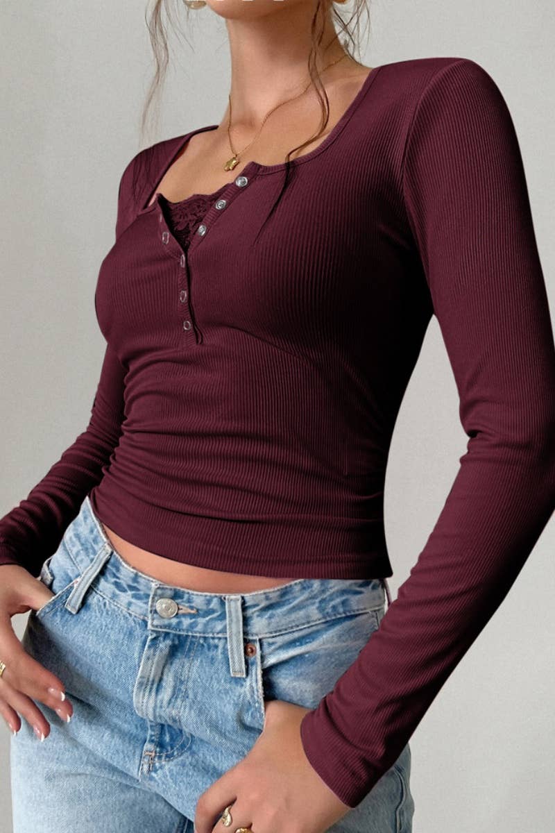 CWTBLL2263_FALL LACE U-NECK LONG-SLEEVED SLIM-FIT TOP