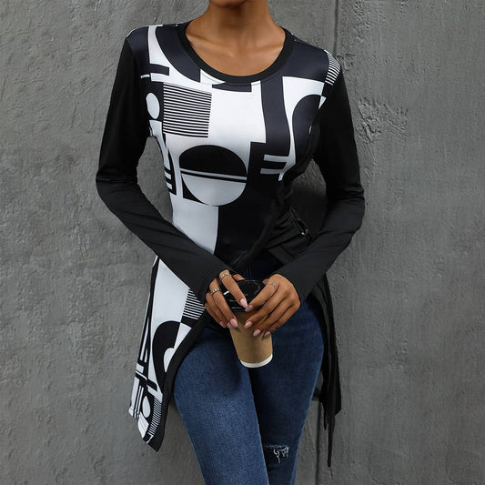 ELEGANT GEOMETRIC PRINT MEDIUM LENGTH SLIT TSHIRT