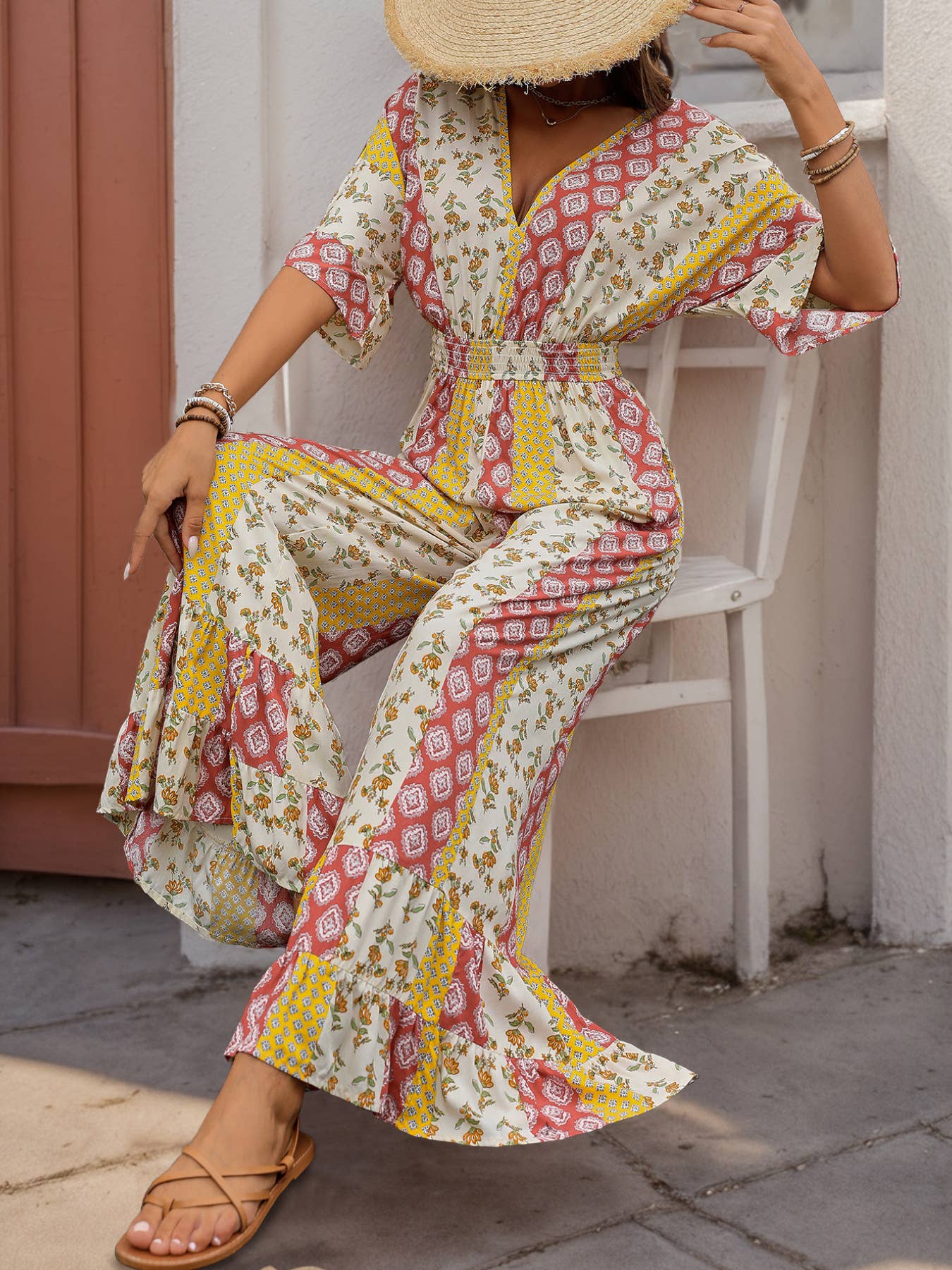Boho Floral Print Vintage High Waist Jumpsuit