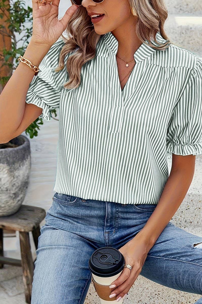 CWTBLS2236_SUMMER NEW STRIPED LANTERN SHORT-SLEEVED SHIRT