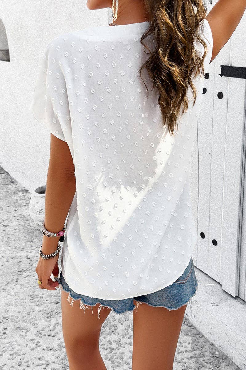 CWTBLS0387_V-Neck Button Detailed Short Sleeve Top