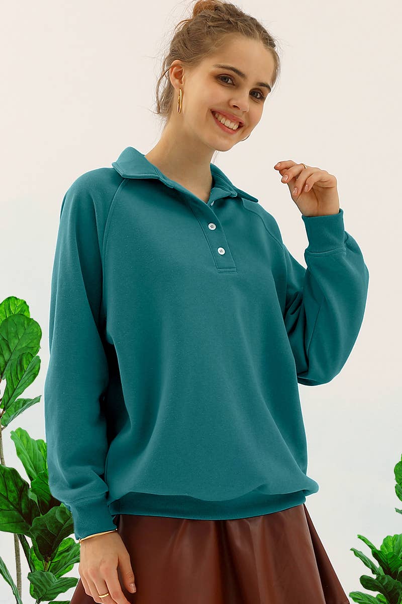 CWTTL906-P_PLUS SIZE BUTTON COLLAR RAGLAN SLEEVE SWEATSHIRT