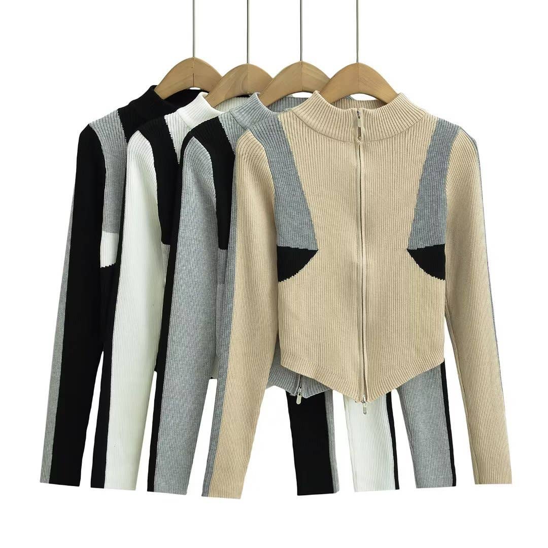 DESIGN SENSE COLOR CONTRAST DOUBLE ZIP SWEATER