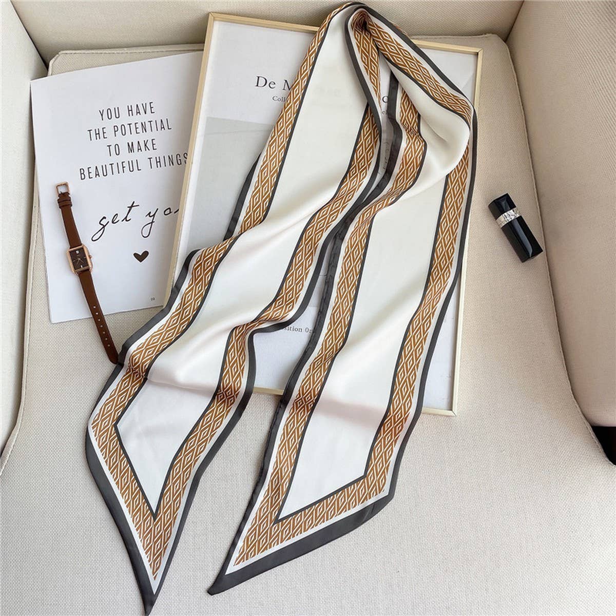 THIN SIMPLE GEOMETRIC LONG SILK HEAD SCARF