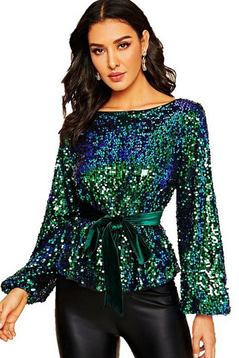 CWTBLL3459_VELVET BELTED SEQUINED LONG SLEEVE PULLOVER