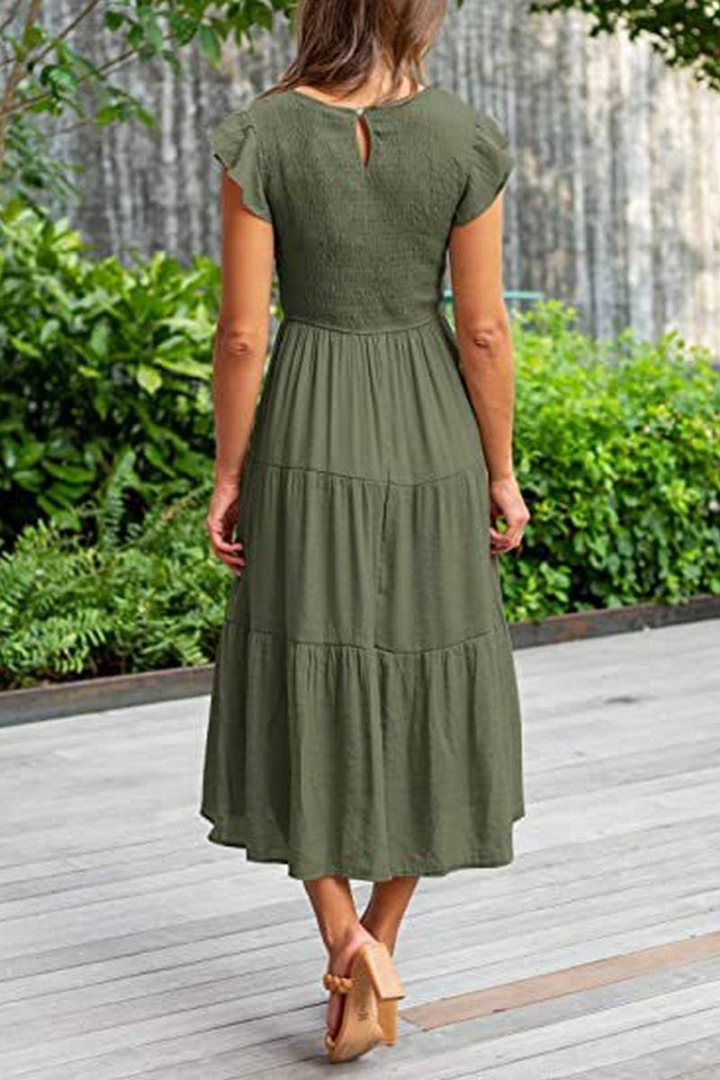 CWDMD2568_FLYING SLEEVE SHIRRED LAYERED SHORT SLEEVE DRESS