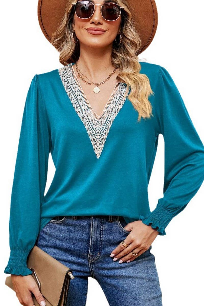 CWTBLL2395_V-NECK LACE RUFFLE SLEEVES LOOSE CASUAL TOP