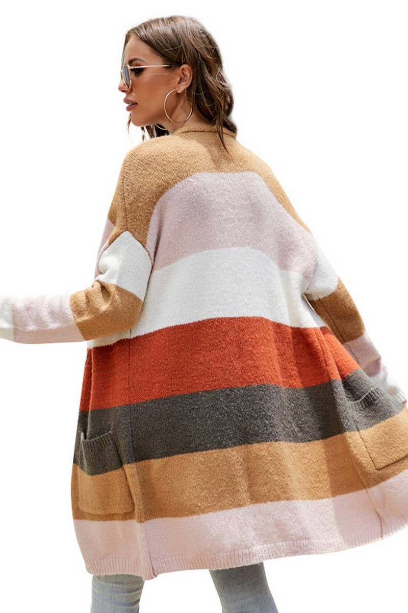 CWOCAL0766_CASUAL CONTRAST LONG STRIPED KNITTED CARDIGAN