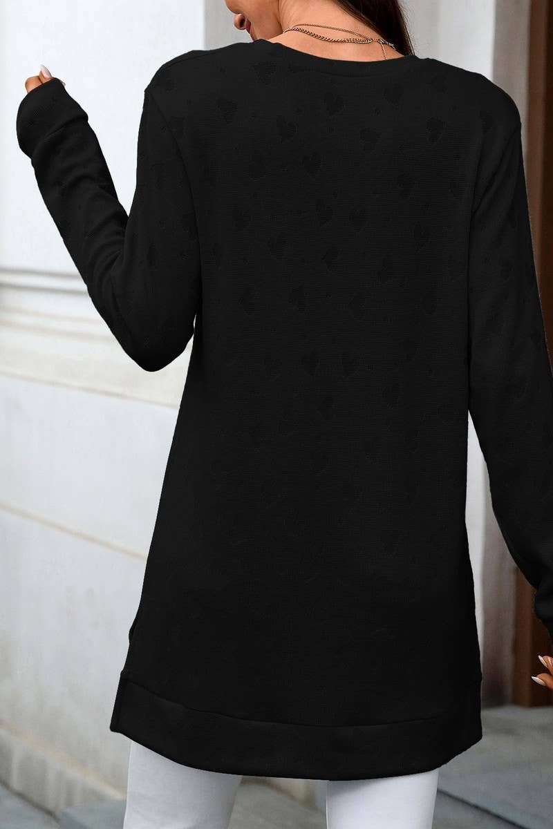 CWTBLL01288_ROUND NECK LONG SLEEVE SLIT SOLID COLOR TOP