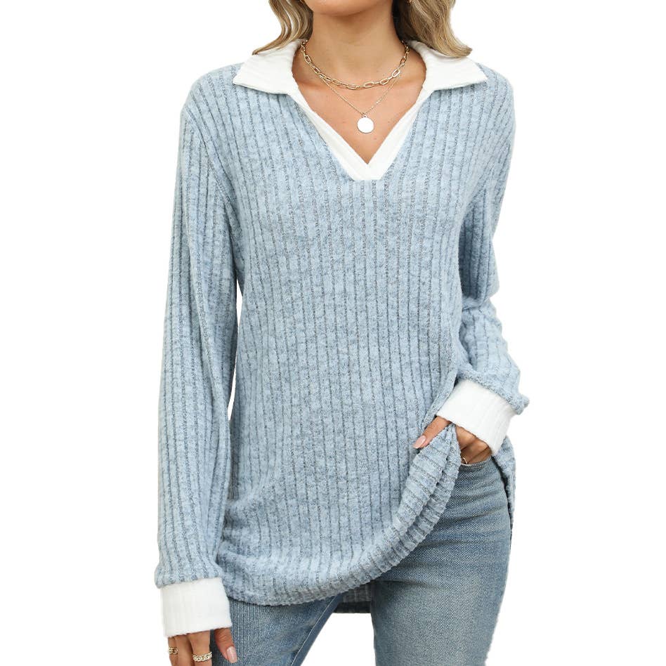 COLOR CONTRAST LAPEL LONG SLEEVE LOOSE T-SHIRT