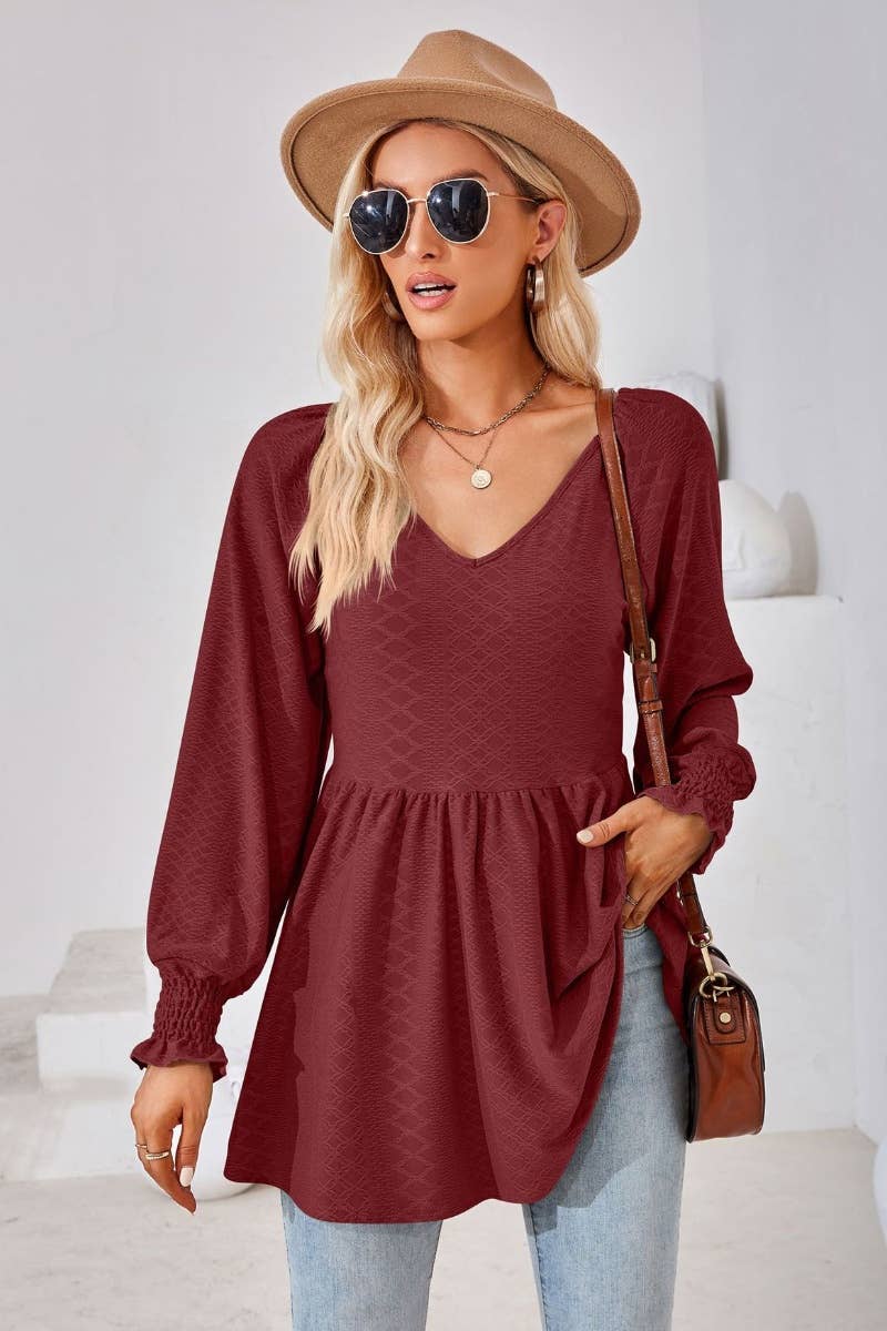 CWTBLL2817_SOLID COLOR PATCHWORK LONG-SLEEVED TUNIC