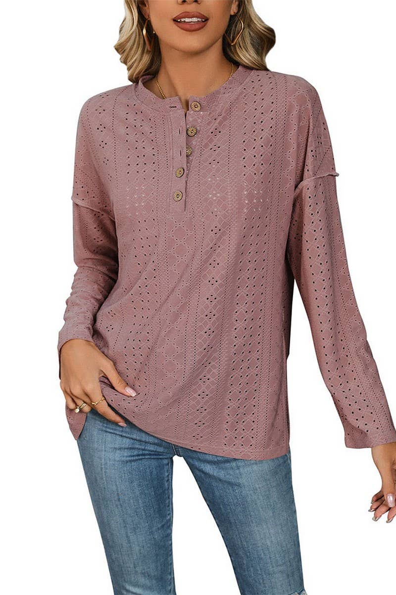 CWTBLL1238_LONG SLEEVE SOLID COLOR KNIT JACQUARD TOP