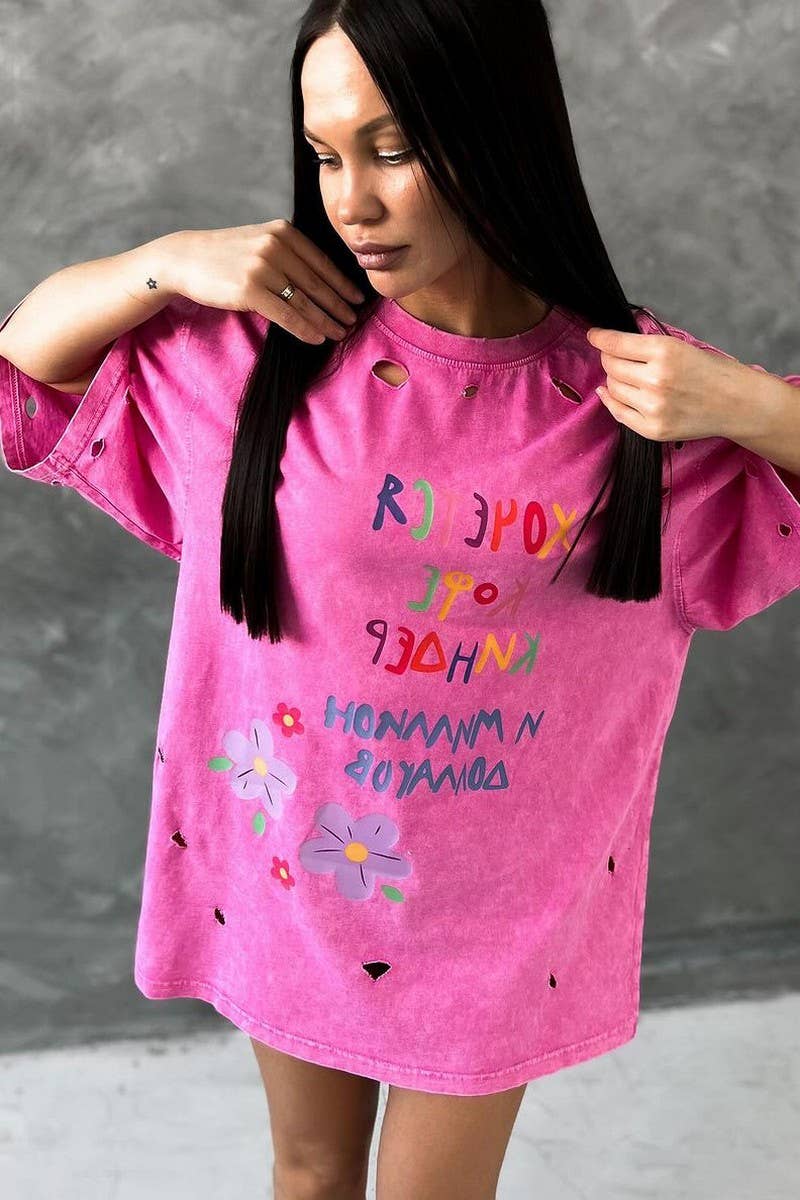 CWTTS1282_LETTER PRINT RIPPED SHORT SLEEVE T-SHIRT