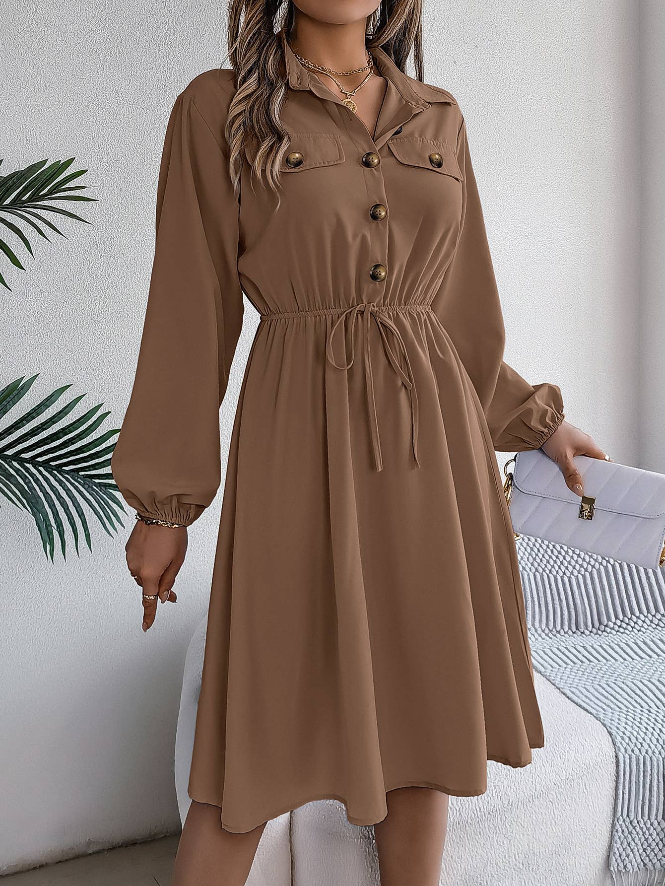 CASUAL BUTTON-UP WAIST LONG SLEEVE SHIRT DRESS