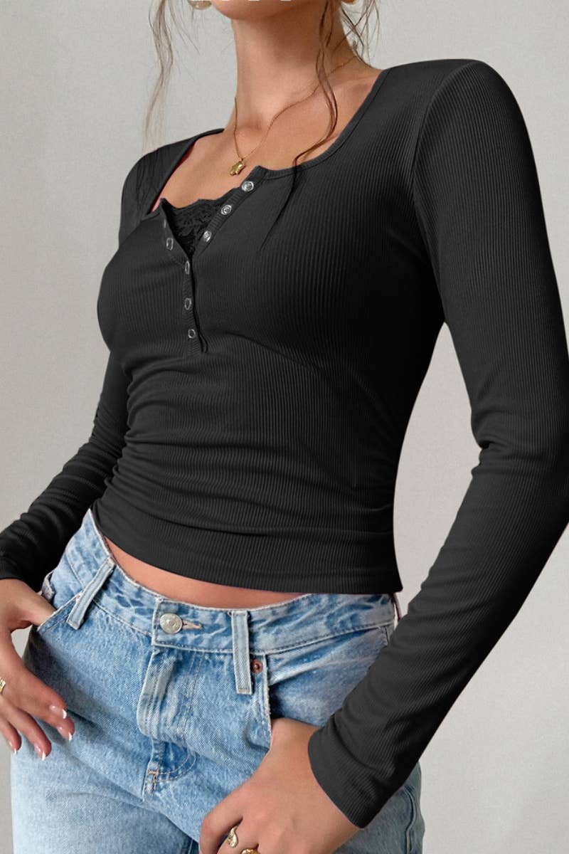 CWTBLL2263_FALL LACE U-NECK LONG-SLEEVED SLIM-FIT TOP