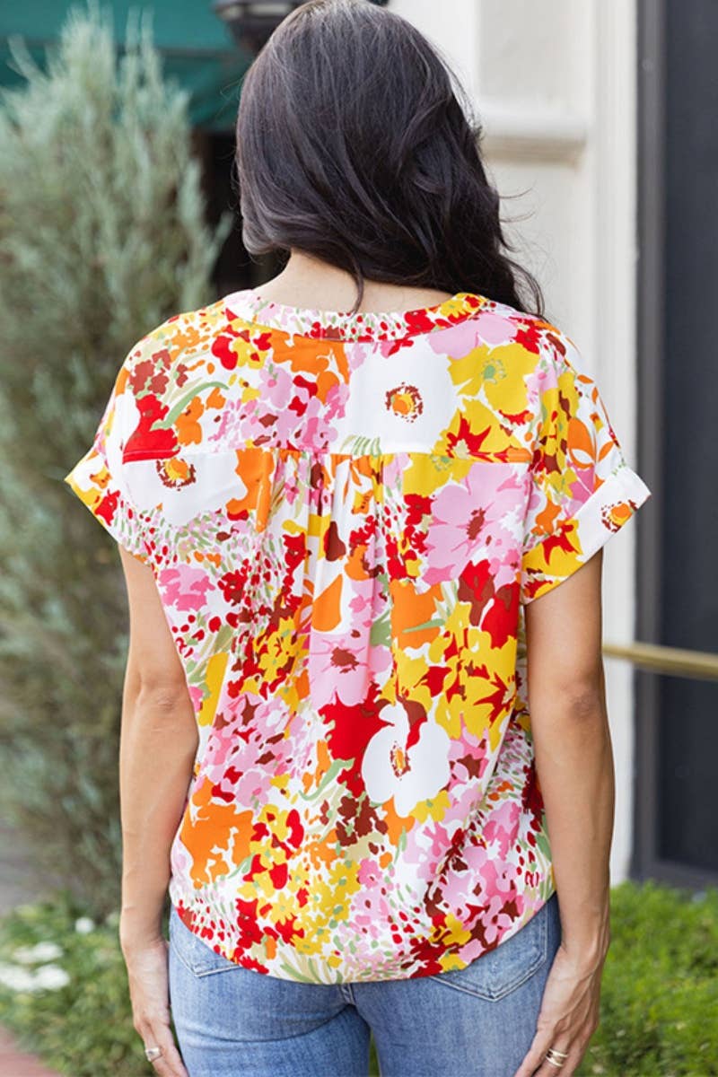 CWTBLS1329_SUMMER V-NECK SHORT SLEEVE FLORAL TOP