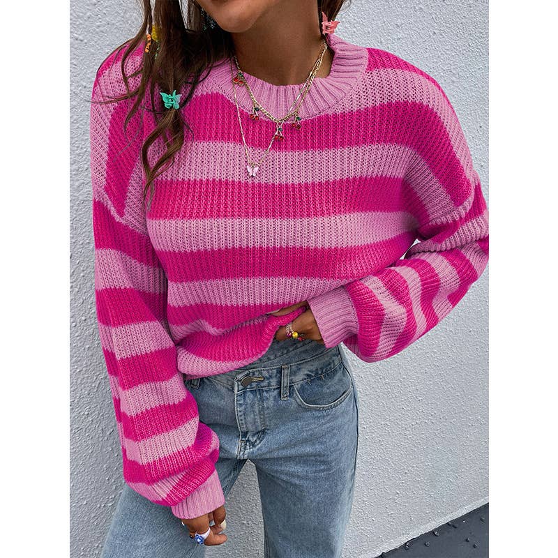 COLOR CONTRAST STRIPED CREW NECK LOOSE KNIT TOP