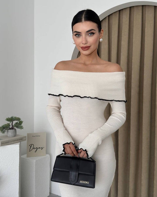 WOODEN EAR EDGE COLOR CONTRAST SHEATH DRESS