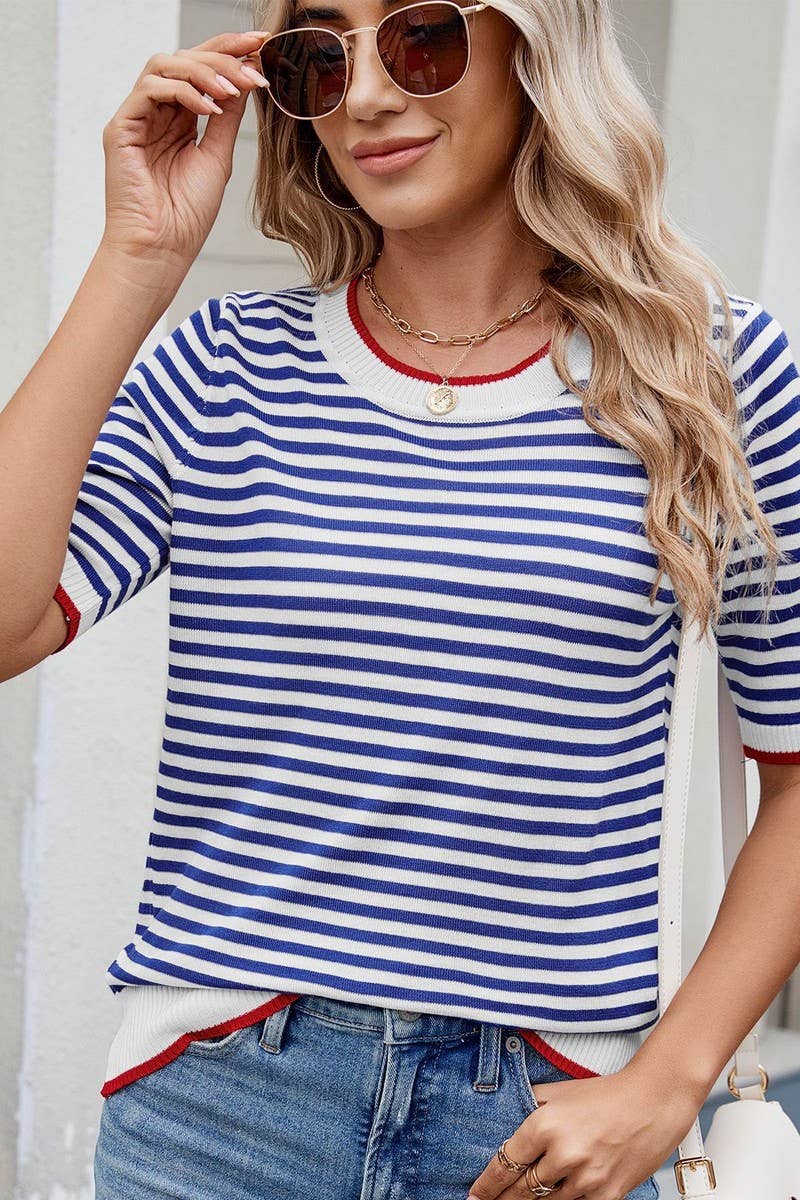 CWTBLS02495_STRIPED KNITTED ICE SILK SHORT-SLEEVED TOP