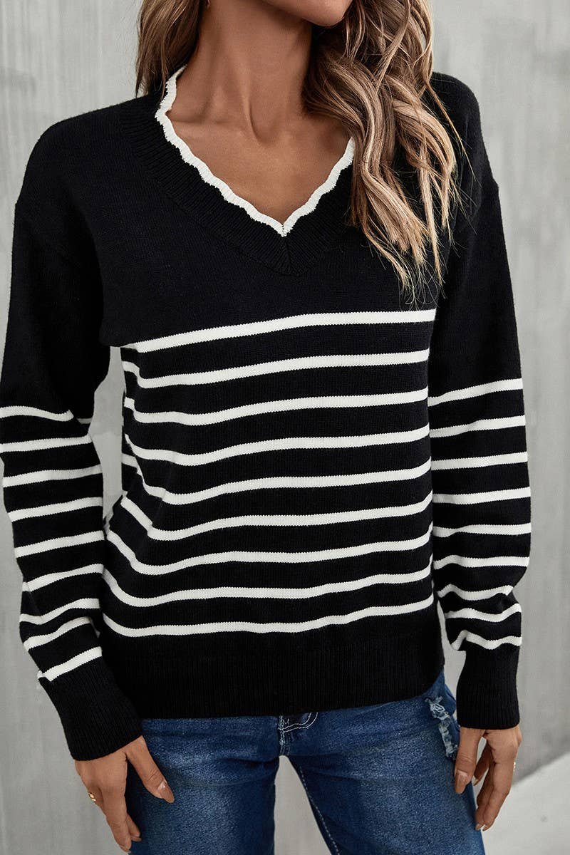 CWOSWL1706_V-neck Long Sleeve Striped Pullover Sweater