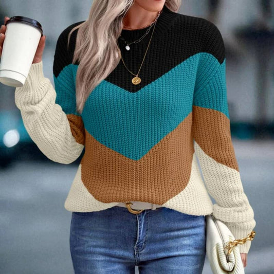 CREW-NECK COLOR SPLICING BASIC PULLOVER SWEATER