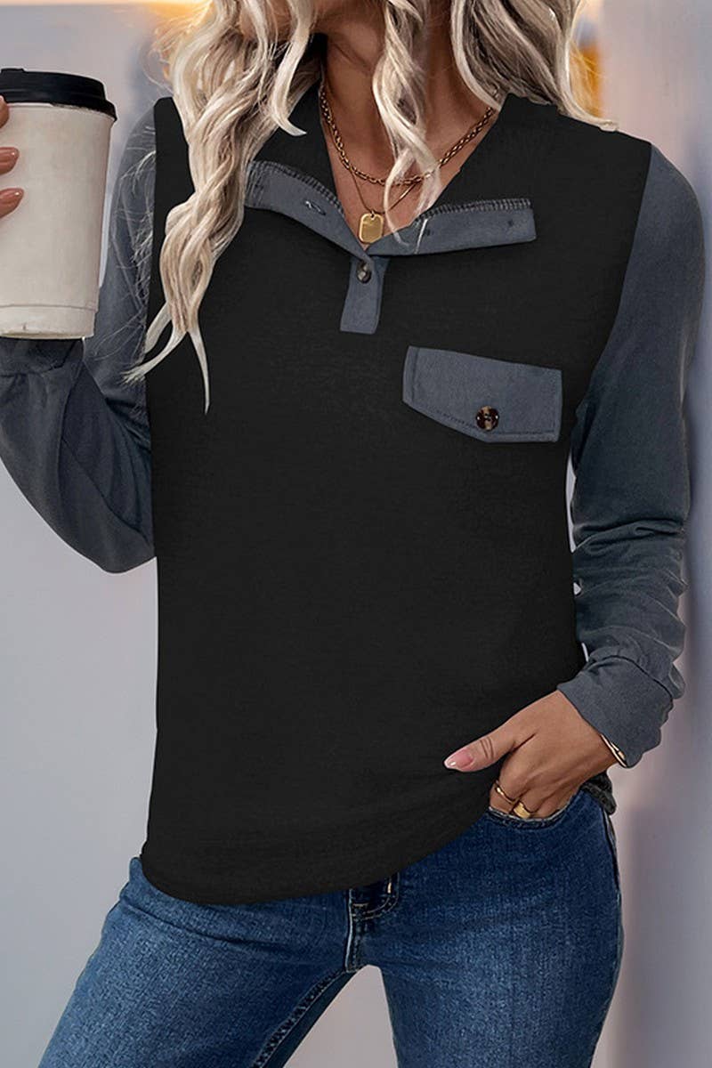 CWTBLL3707_CASUAL PULLOVER LAPEL CONTRAST COLOR SWEATSHIRT