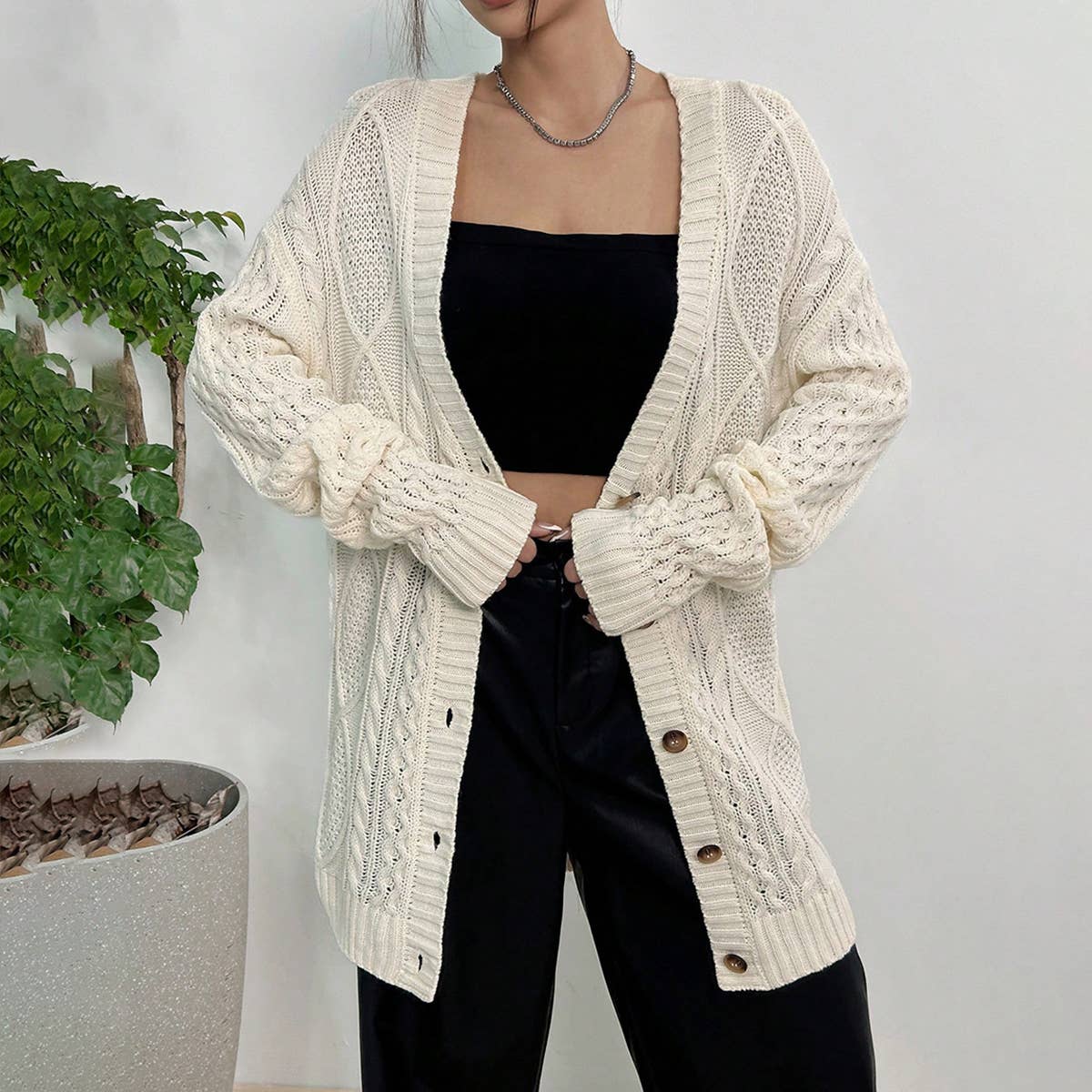 CASUAL LOOSE V-NECK MID-LENGTH KNIT CARDIGAN