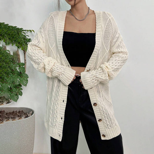CASUAL LOOSE V-NECK MID-LENGTH KNIT CARDIGAN