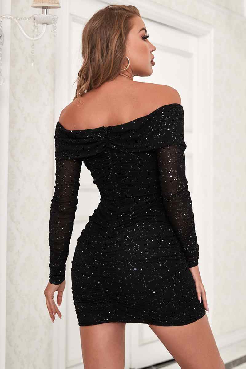 CWDSD4275_V-NECK POWDER OFF-SHOULDER LONG SLEEVE DRESS