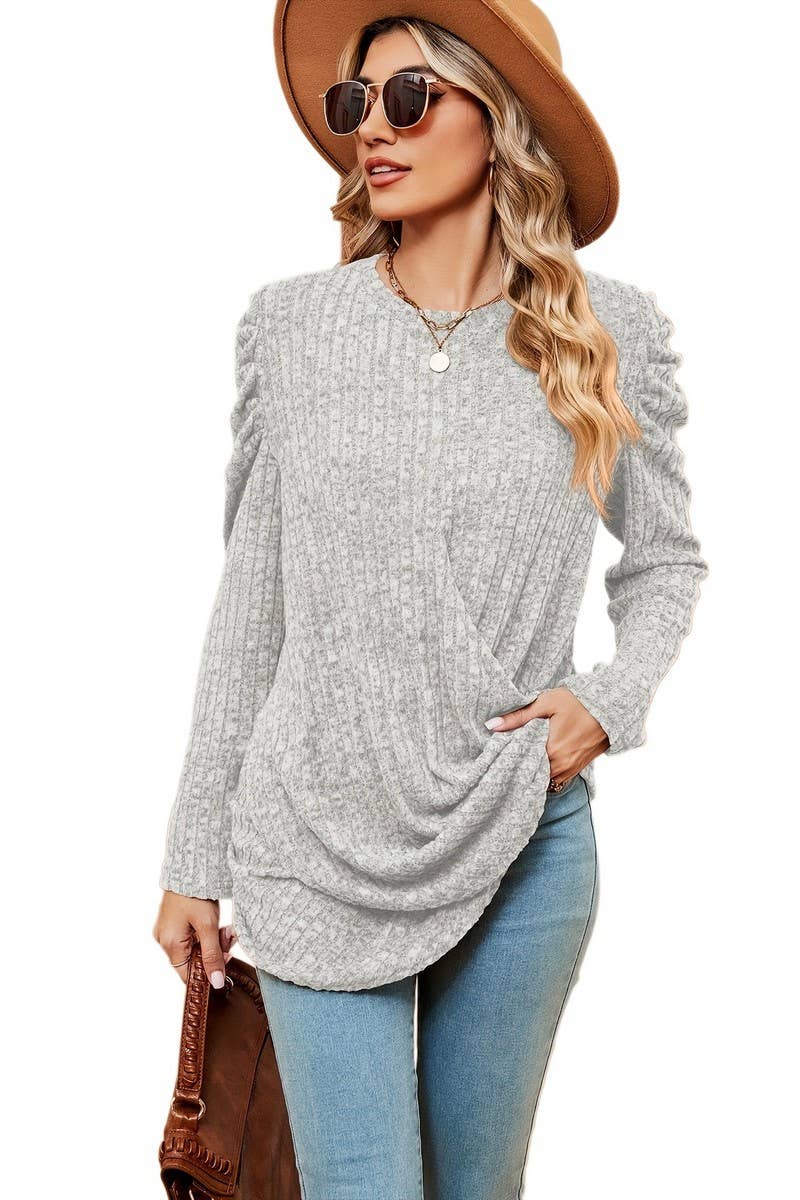 CWTBLL2403_ROUND NECK LONG SLEEVE TWISTED PUFF SLEEVE TOP