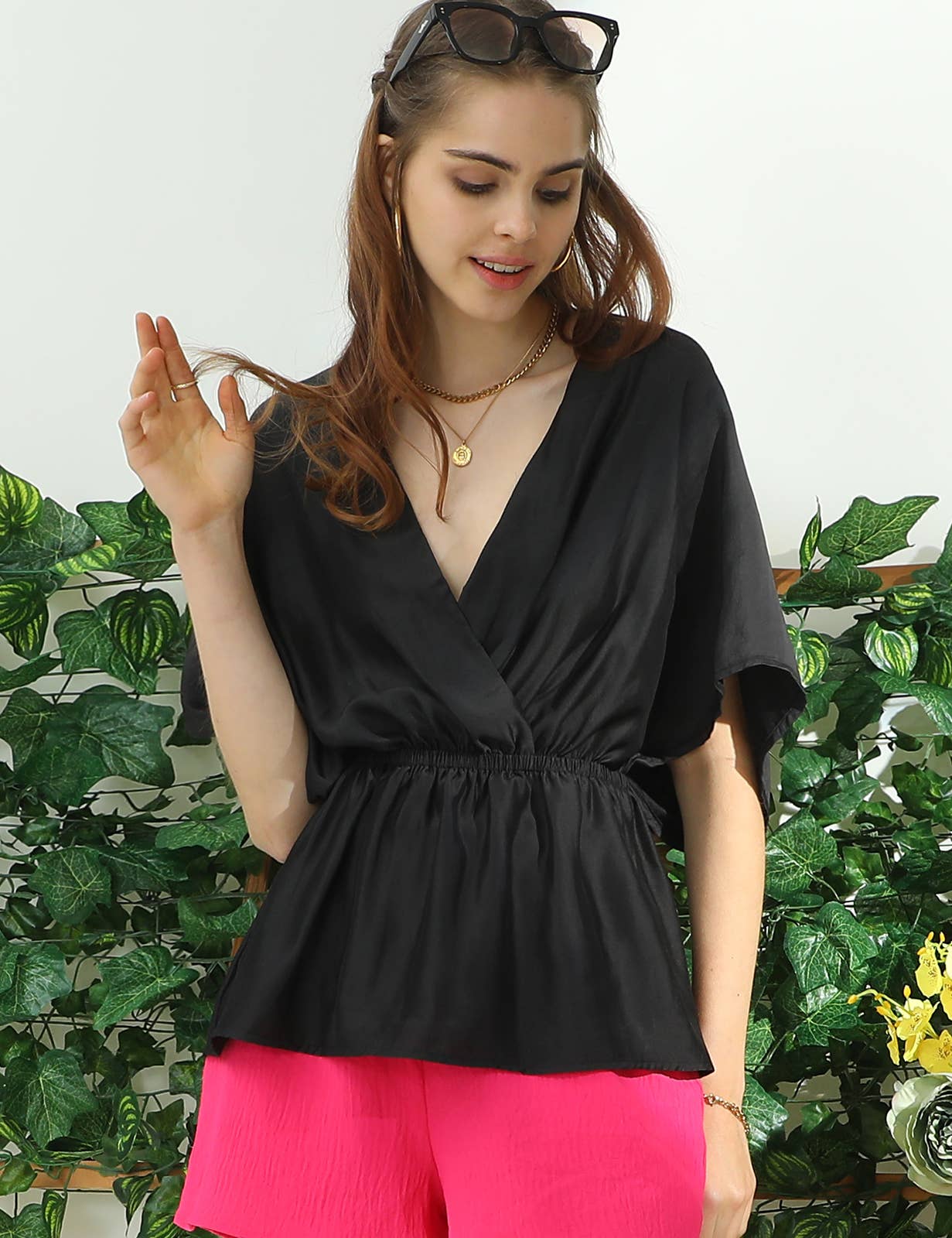 CWTBLS205_V NECK BATWING SLEEVE SLIK BLOUSE TOP