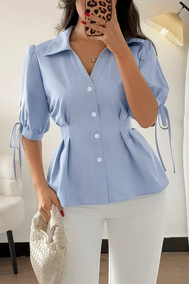 CWTSTS0786_RUCHED WAIST TIE SLEEVE FITTED SHIRT BLOUSE