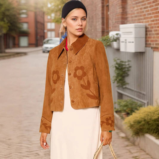 Floral embellishment lapel stylish short coat