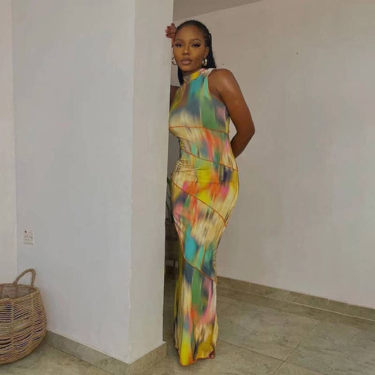 Crew neck sleeveless print slim-fit dress