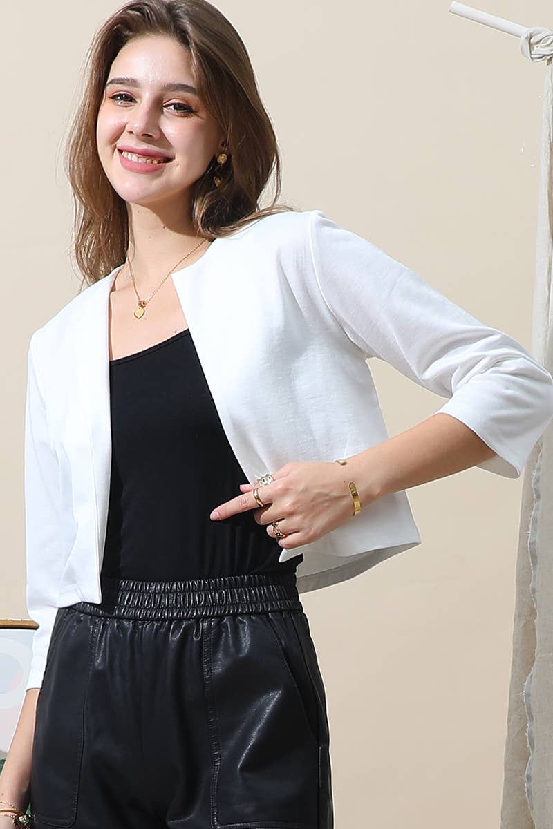 CWOBL105-P_SOLID OPEN FRONT 3/4 SLEEVE JACKET BLAZER