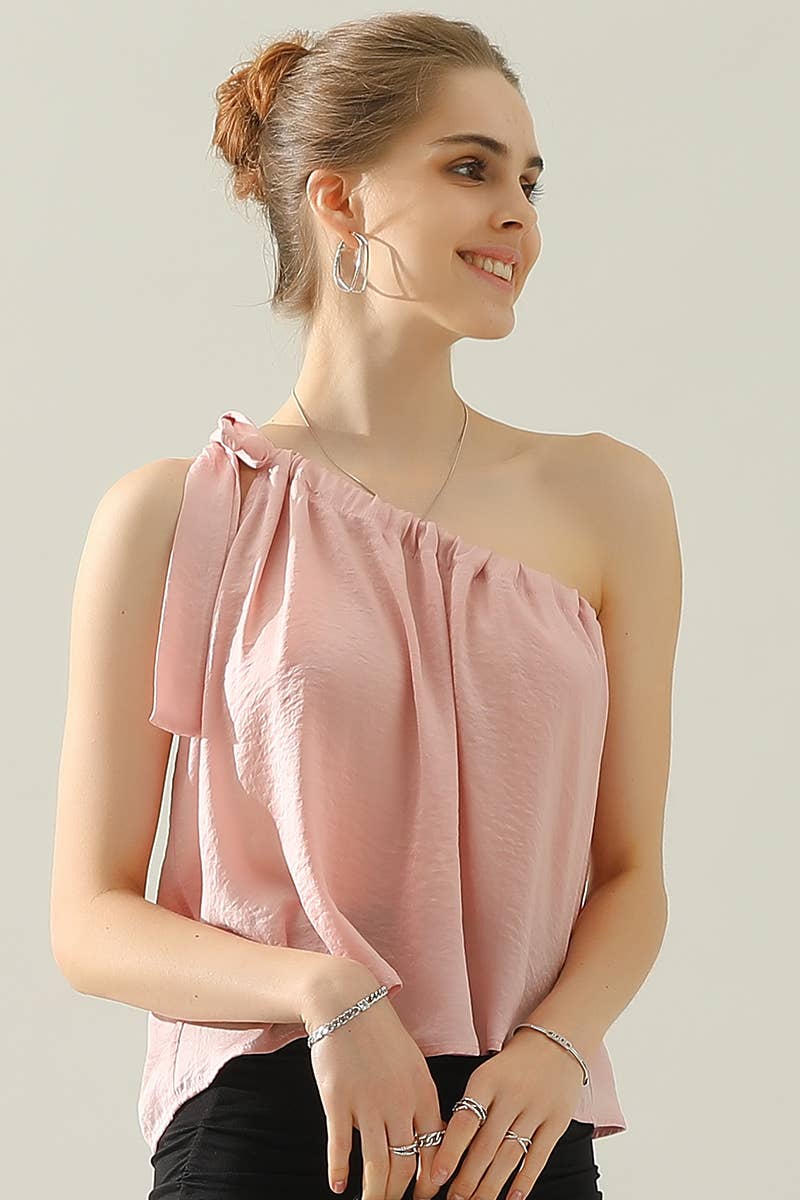 CWTHT028_ONE SHOULDER BOW TIE STRAP SATIN SILK BLOUS TOP