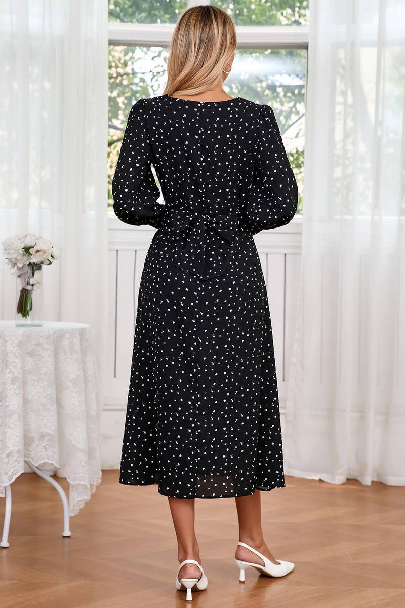 CWDMD3989_SMALL FLORAL ROUND NECK TIE LONG SLEEVE DRESS