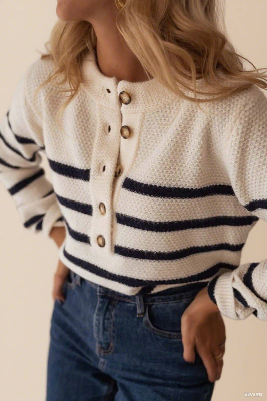 CWOSWL6961_STRIPED PULLOVER BUTTON-DOWN KNITTED SWEATER