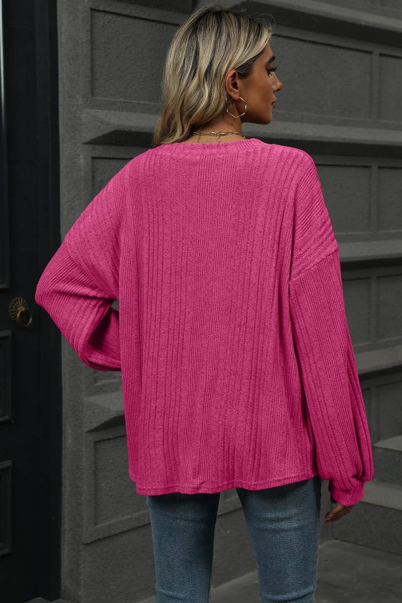 CWTBLL1868_SOLID COLOR V-NECK LOOSE RIBBED LONG-SLEEVED TOP