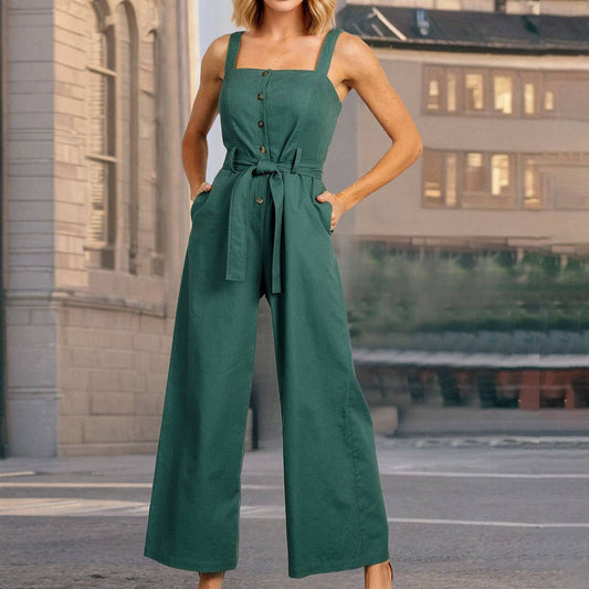 Fashion Waistbelt Sleeveless Cami Button Jumpsuit